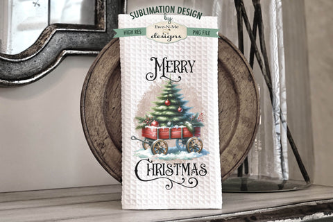 Red Wagon with Christmas Tree Kitchen Towel Sublimation Designs Sublimation Ewe-N-Me Designs 