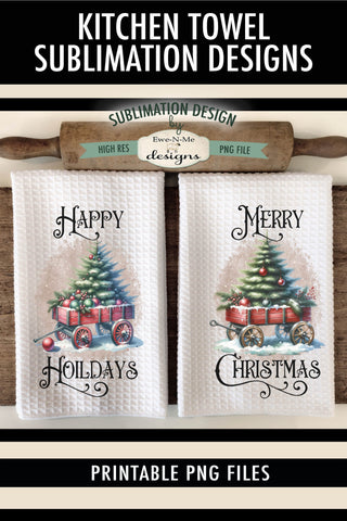 Red Wagon with Christmas Tree Kitchen Towel Sublimation Designs Sublimation Ewe-N-Me Designs 