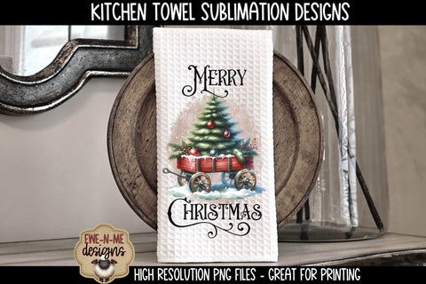 Red Wagon with Christmas Tree Kitchen Towel Sublimation Designs Sublimation Ewe-N-Me Designs 