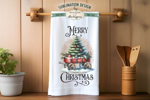 Red Wagon with Christmas Tree Kitchen Towel Sublimation Designs Sublimation Ewe-N-Me Designs 