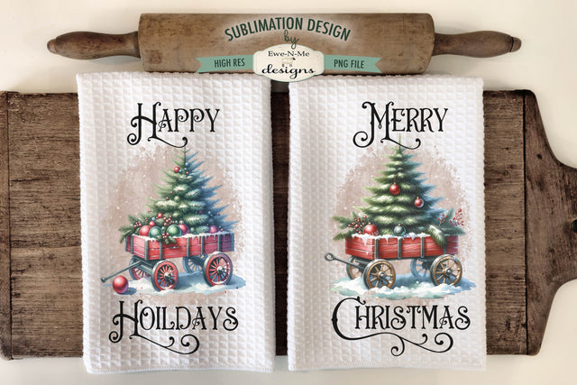 Red Wagon with Christmas Tree Kitchen Towel Sublimation Designs Sublimation Ewe-N-Me Designs 