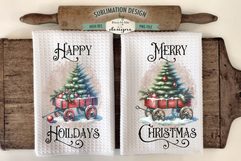 Red Wagon with Christmas Tree Kitchen Towel Sublimation Designs Sublimation Ewe-N-Me Designs 