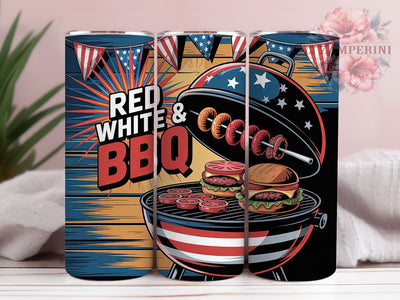 Red White BBQ 20oz Tumbler, Red White & BBQ Quote, Festive Barbecue Scene, American Holiday Vibes, Colorful Retro Style, Sublimation Tumbler Wrap, 20oz Tumbler Sublimation Li Zamperini 