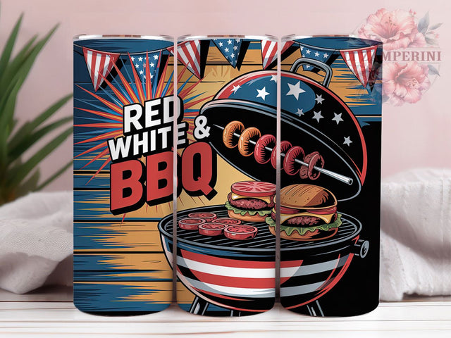 Red White BBQ 20oz Tumbler, Red White & BBQ Quote, Festive Barbecue Scene, American Holiday Vibes, Colorful Retro Style, Sublimation Tumbler Wrap, 20oz Tumbler Sublimation Li Zamperini 