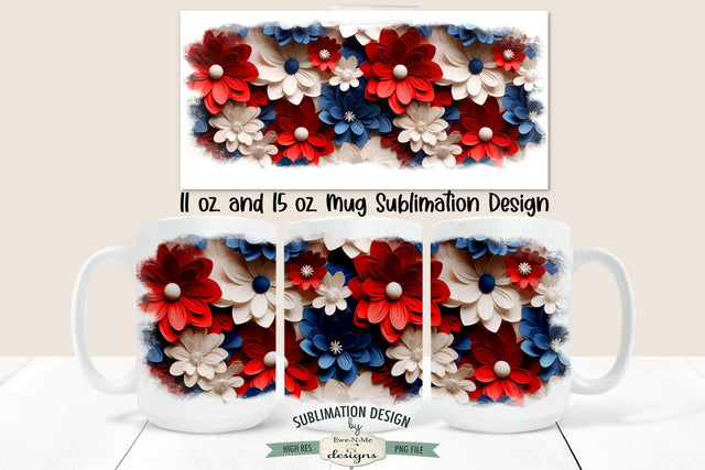 Red White Blue 3D Floral 11 & 15 oz Mug Sublimation Design Sublimation Ewe-N-Me Designs 
