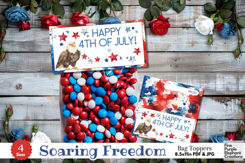 Red White Blue Bald Eagle 4th of July Printable Treat Bag Topper Card - Independence Day Party Favor Digital Pattern Fine Purple Elephant Creations 