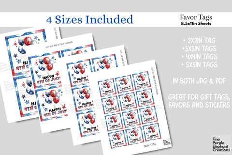 Red White Blue Balloon 4th of July Printable Tag Favor Digital Pattern Fine Purple Elephant Creations 