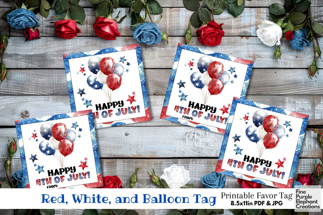 Red White Blue Balloon 4th of July Printable Tag Favor Digital Pattern Fine Purple Elephant Creations 