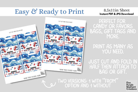 Red White Blue Balloon 4th of July Printable Treat Bag Topper Card Favor Digital Pattern Fine Purple Elephant Creations 