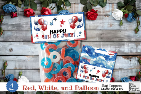 Red White Blue Balloon 4th of July Printable Treat Bag Topper Card Favor Digital Pattern Fine Purple Elephant Creations 