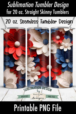 Red White Blue Flowers 3D 20 oz Seamless Tumbler Wrap Design Sublimation Ewe-N-Me Designs 