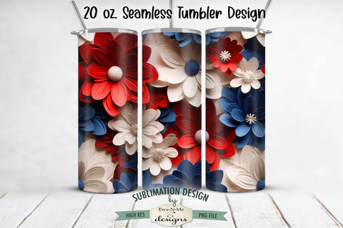 Red White Blue Flowers 3D 20 oz Seamless Tumbler Wrap Design Sublimation Ewe-N-Me Designs 