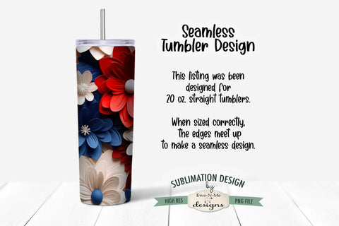 Red White Blue Flowers 3D 20 oz Seamless Tumbler Wrap Design Sublimation Ewe-N-Me Designs 