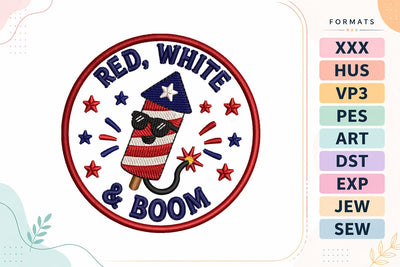 Red, White & Boom Firecracker Patch Embroidery Design | Patriotic 4th of July Badge Embroidery/Applique DESIGNS sg embroidery 