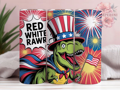 Red White RAWR 20oz Tumbler, Cartoon Dinosaur Wrap, American Flag Sublimation, Patriotic USA Design, Independence Day Wrap, 20oz Tumbler Design, PNG Tumbler Wrap Sublimation Li Zamperini 