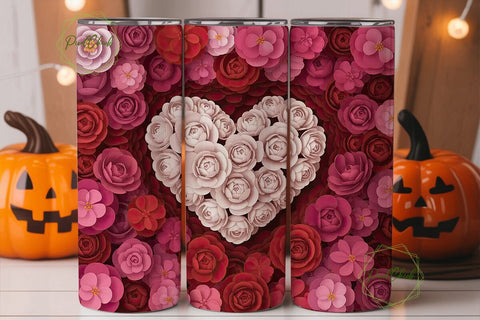 Red White Rose Heart 20oz Tumbler Wrap Sublimation PixelChick 