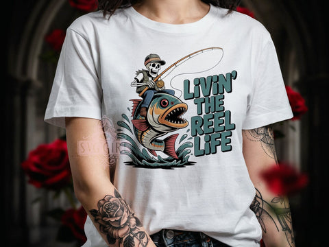 Reel Life Fishing T-Shirt PNG, Skeleton Fisherman, Adventure Graphic, Fishing Rod, Aggressive Fish, Skinny Tumbler, Sublimation PNG Sublimation SvggirlplusArt 