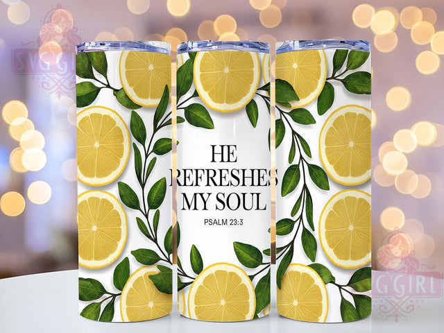 Refreshing Faith Lemon Tumbler, Tropical Lemon Wrap, He Refreshes My Soul Tumbler, 20oz Christian Sublimation, Refreshing Faith Tumbler, Inspirational Lemon Design, Christian Summer Tumbler Sublimation SvggirlplusArt 