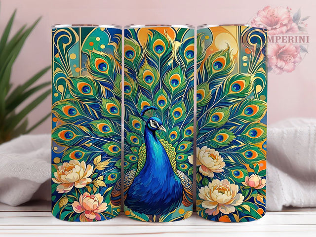 Regal Peacock Art Nouveau 20oz Tumbler, Peacock Art Motif, Art Nouveau Design, Regal Theme, Elegant Accent, Whimsical Charm, Sublimation Wrap, 20oz Tumbler Sublimation Li Zamperini 
