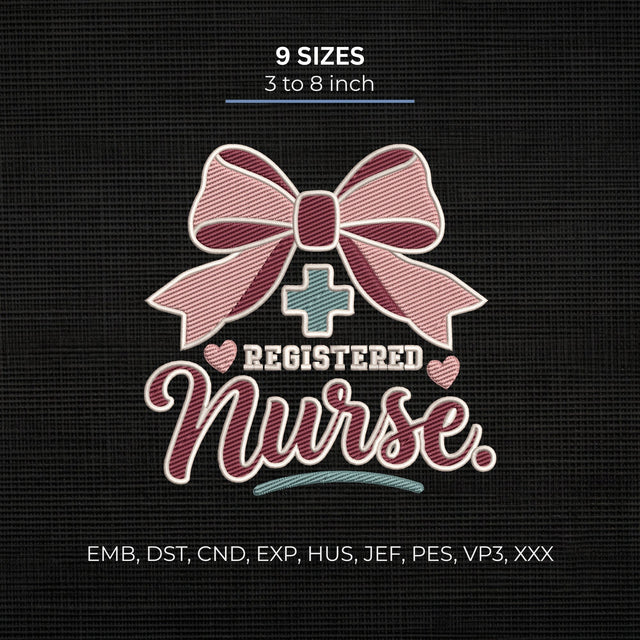 Registered Nurse Bow Embroidery Design – Cute RN Nurse Ribbon Machine Embroidery File Embroidery/Applique DESIGNS PatternFeed8 