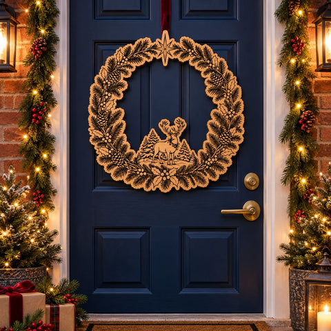 Reindeer Christmas Wreath Laser SVG | Deer & Pine Tree Door Hanger Cut File | Engraved Wood Winter Sign | Glowforge xTool DXF EPS SVG HappyDesignStudio 