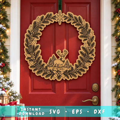 Reindeer Christmas Wreath Laser SVG | Deer & Pine Tree Door Hanger Cut File | Engraved Wood Winter Sign | Glowforge xTool DXF EPS SVG HappyDesignStudio 
