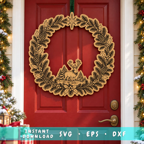 Reindeer Christmas Wreath Laser SVG | Deer & Pine Tree Door Hanger Cut File | Engraved Wood Winter Sign | Glowforge xTool DXF EPS SVG HappyDesignStudio 