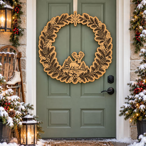 Reindeer Christmas Wreath Laser SVG | Deer & Pine Tree Door Hanger Cut File | Engraved Wood Winter Sign | Glowforge xTool DXF EPS SVG HappyDesignStudio 