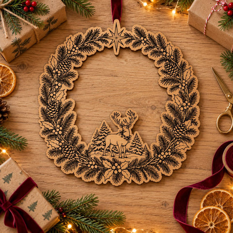 Reindeer Christmas Wreath Laser SVG | Deer & Pine Tree Door Hanger Cut File | Engraved Wood Winter Sign | Glowforge xTool DXF EPS SVG HappyDesignStudio 