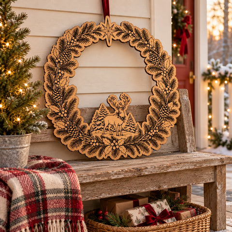 Reindeer Christmas Wreath Laser SVG | Deer & Pine Tree Door Hanger Cut File | Engraved Wood Winter Sign | Glowforge xTool DXF EPS SVG HappyDesignStudio 