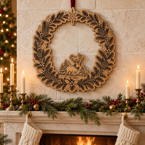 Reindeer Christmas Wreath Laser SVG | Deer & Pine Tree Door Hanger Cut File | Engraved Wood Winter Sign | Glowforge xTool DXF EPS SVG HappyDesignStudio 