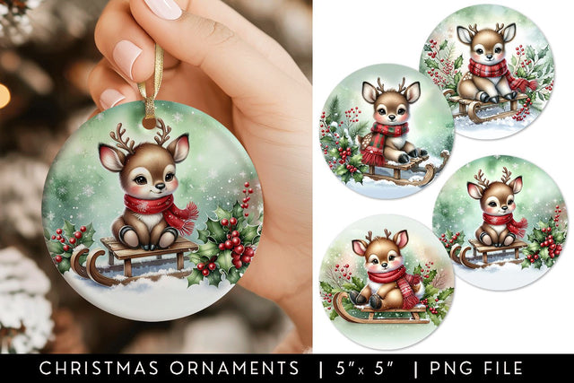 Reindeer Round Christmas Ornament Sublimation Designs Sublimation BijouBay 