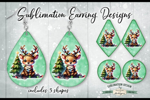 Reindeer Tangled In Lights - Green - Sublimation Earring Designs Sublimation Ewe-N-Me Designs 