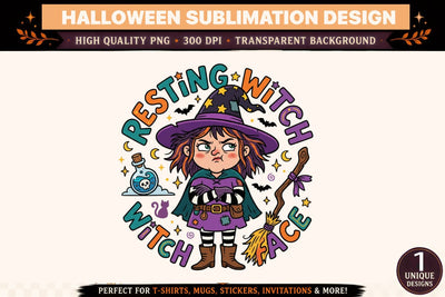 Resting Witch Face PNG, Funny Halloween Witch Girl Sublimation Design, Cute Spooky Cartoon Witch Clipart for T Shirts and Mugs SVG BlackCatsMedia 