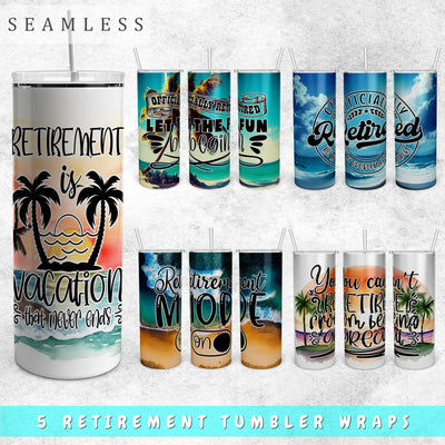Retirement Tumbler Wraps Bundle, 20 Oz Skinny Tumbler Sublimation Designs, Seamless Retirement PNG, 5 Designs Sublimation HappyDesignStudio 