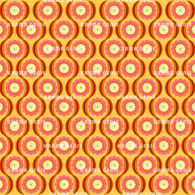 Retro 60s 70s Pink And Orange Mid Century Flowers Pattern Digital Paper Digital Pattern Karma Genie Graphics 