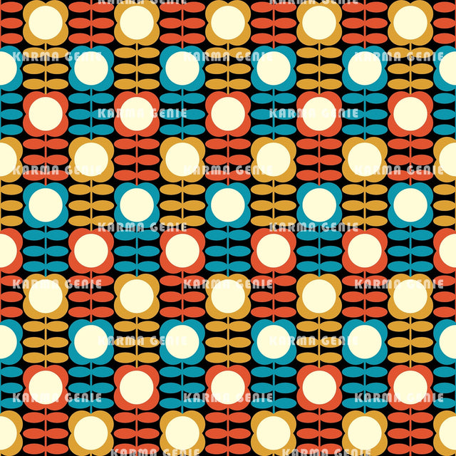 Retro 70s 60s Groovy Mid Century Colorful Flowers Pattern Digital Paper Digital Pattern Karma Genie Graphics 