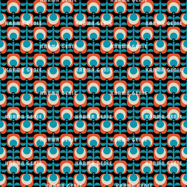 Retro 70s 60s Groovy Mid Century Red And Blue Flowers Pattern Digital Paper Digital Pattern Karma Genie Graphics 