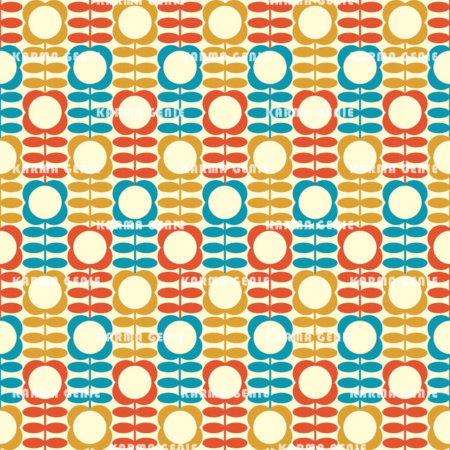 Retro 70s 60s Groovy Mid Century Red Blue Yellow Flowers Pattern Digital Paper Digital Pattern Karma Genie Graphics 