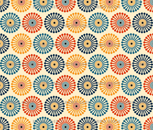 Retro 70s Mid Century Dandelion Clock Colorful Spoked Circles Pattern Digital Paper Digital Pattern Karma Genie Graphics 