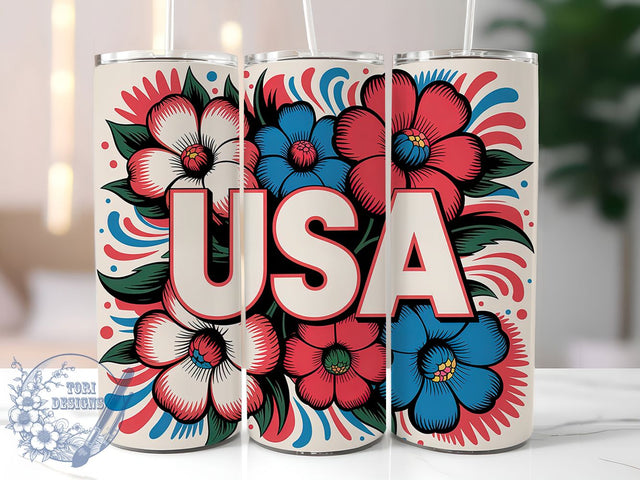 Retro America Floral 20oz Tumbler Wrap, Colorful Flowers Design, USA Patriotic Wrap, Sublimation Wrap, 20oz Tumbler Design, PNG Tumbler Wrap, Independence Day Sublimation ToriDesigns 