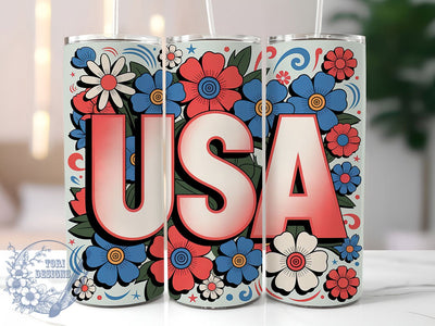 Retro America Floral 20oz Tumbler Wrap, Colorful Flowers Design, USA Patriotic Wrap, Sublimation Wrap, 20oz Tumbler Design, PNG Tumbler Wrap, Independence Day Sublimation ToriDesigns 
