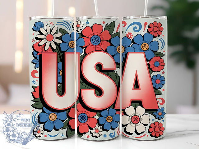 Retro America Floral 20oz Tumbler Wrap, Colorful Flowers Design, USA Patriotic Wrap, Sublimation Wrap, 20oz Tumbler Design, PNG Tumbler Wrap, Independence Day Sublimation ToriDesigns 