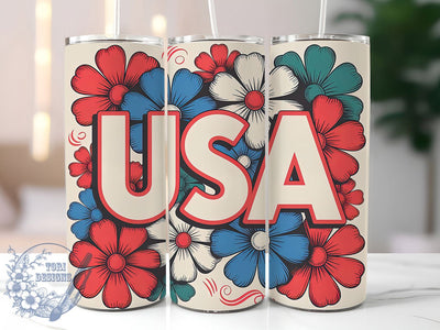 Retro America Floral 20oz Tumbler Wrap, Colorful Flowers Design, USA Patriotic Wrap, Sublimation Wrap, 20oz Tumbler Design, PNG Tumbler Wrap, Independence Day Sublimation ToriDesigns 