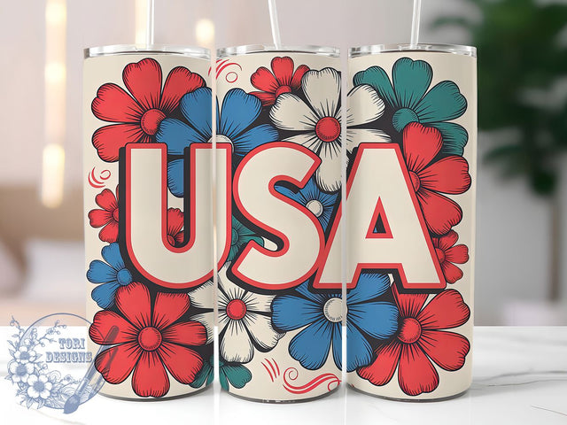 Retro America Floral 20oz Tumbler Wrap, Colorful Flowers Design, USA Patriotic Wrap, Sublimation Wrap, 20oz Tumbler Design, PNG Tumbler Wrap, Independence Day Sublimation ToriDesigns 