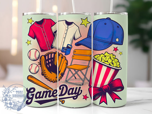 Retro Baseball Game Day 20oz Tumbler, Game Day Design, Sublimation Wrap, 20oz Tumbler Design, Sports Gift, PNG Tumbler Wrap, Baseball Theme Sublimation ToriDesigns 