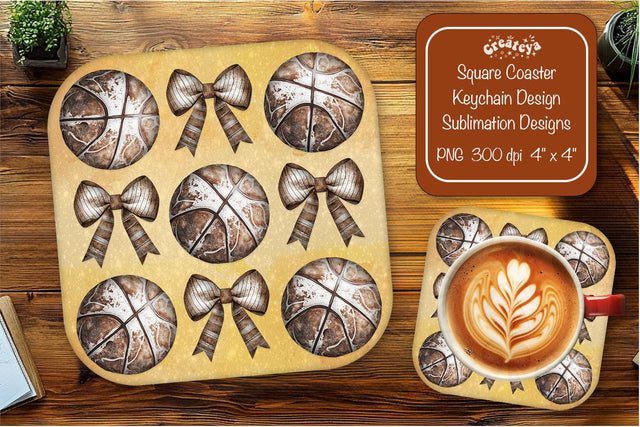 Retro Basketball Square coaster png Bow sublimation designs Square coaster Sublimation Createya Design 
