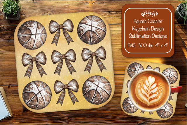 Retro Basketball Square coaster png Bow sublimation designs Square coaster Sublimation Createya Design 