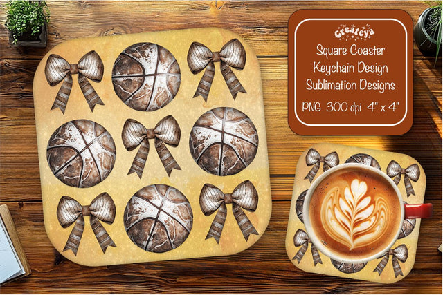 Retro Basketball Square coaster png Bow sublimation designs Square coaster Sublimation Createya Design 