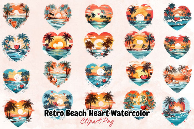 Retro Beach Heart Watercolor Clipart Bundle Sublimation Designangry 